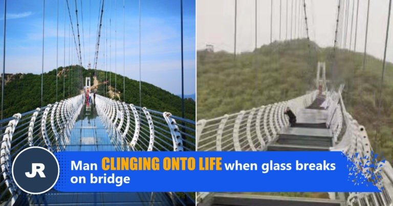 Man Clinging onto life when glass breaks on bridge