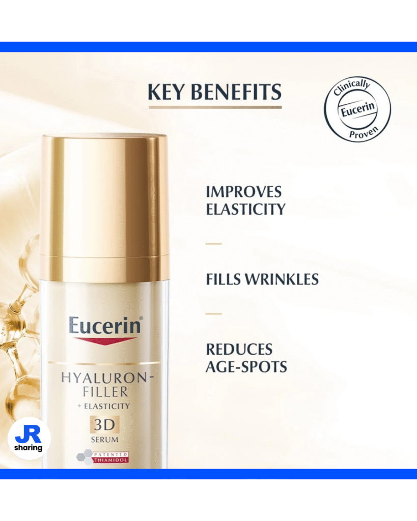 Hyaluron-Filler + Elasticity 3D Serum 30ml key benefits. Improves elasticity, fills wrinkles, reduce age-spots