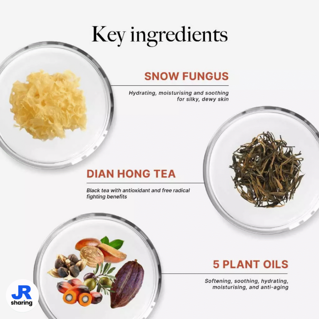 oolong tea and rose key ingredients. snow fungus, dian hong tea, 5 plant oils