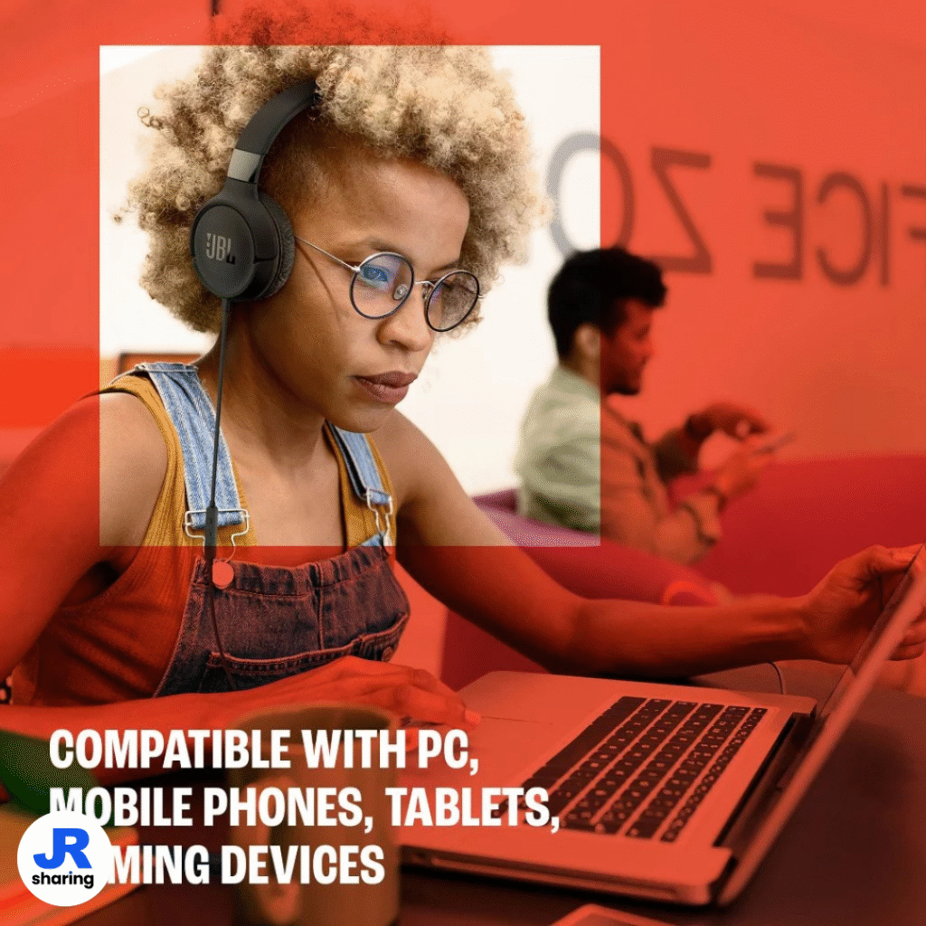 a lady listening to JBL Tune 520C USB-C Headphones