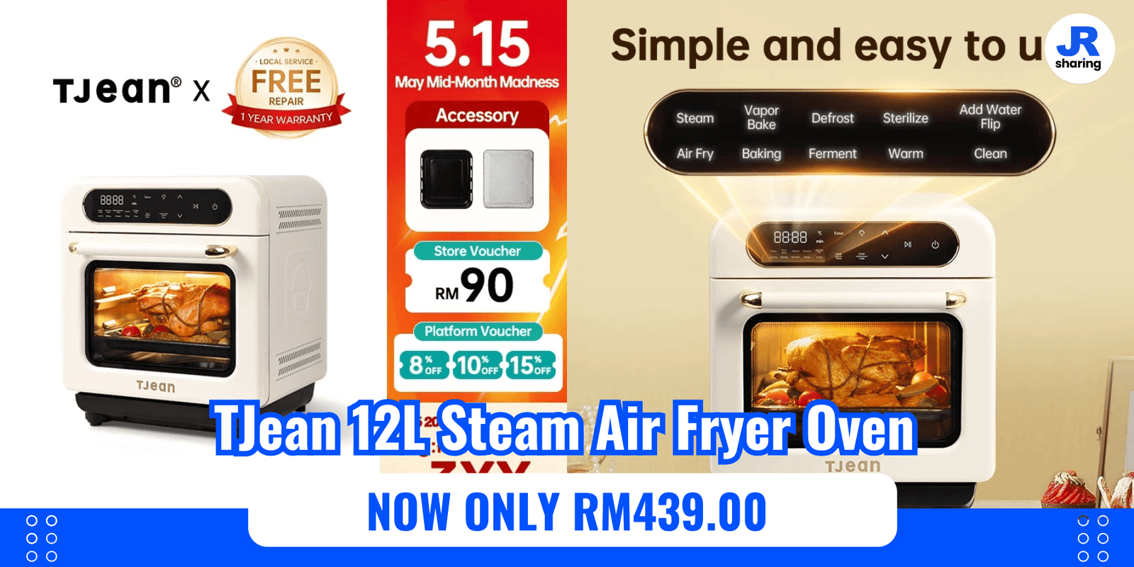 TJean 12L Steam Air Fryer Oven